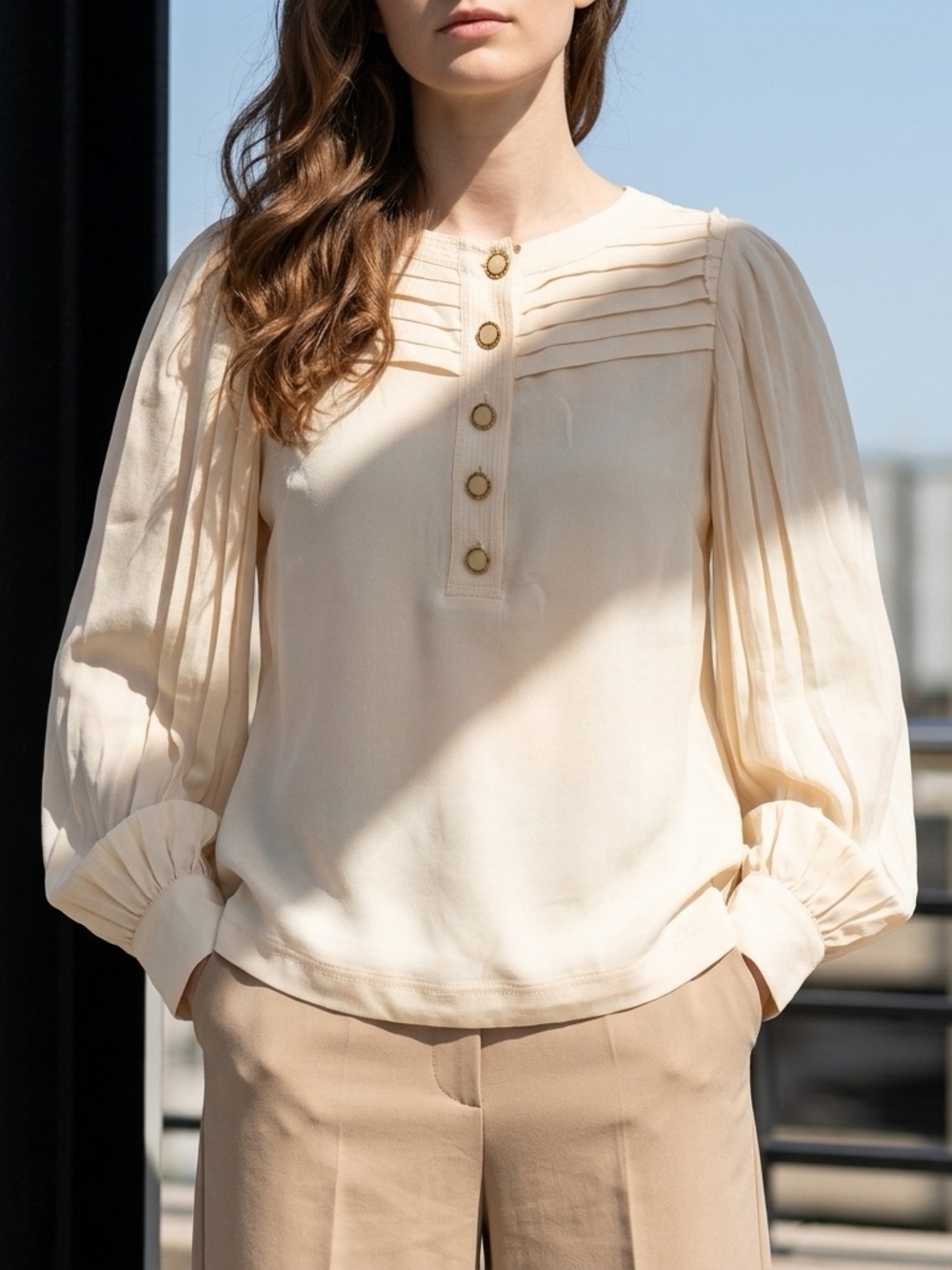 Tory Burch Cream Pleated Long-Sleeve Button Blouse